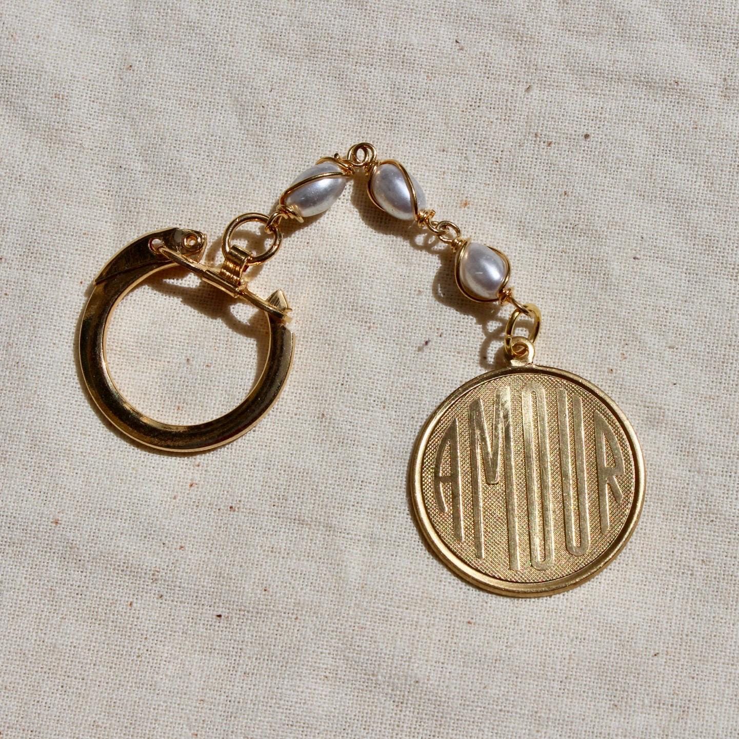 Vintage Amour Keychain - Vintage Pearl Keychain with Amour Charm