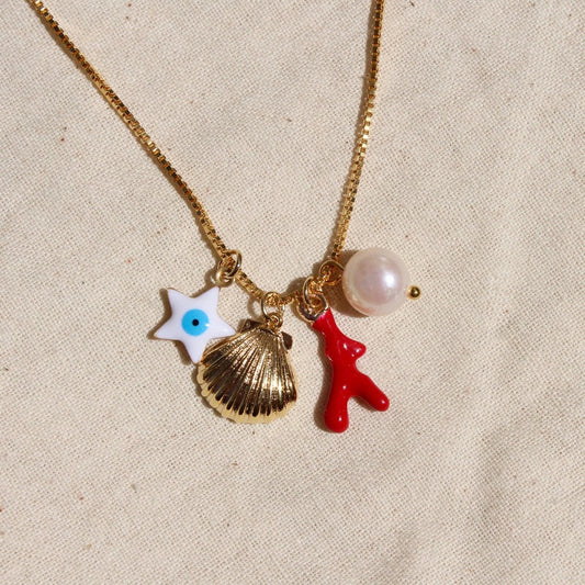 Summer Charm Necklace with Coral, Evil Eye, Shell, and Pearl Charms - Charm Dangle Necklace