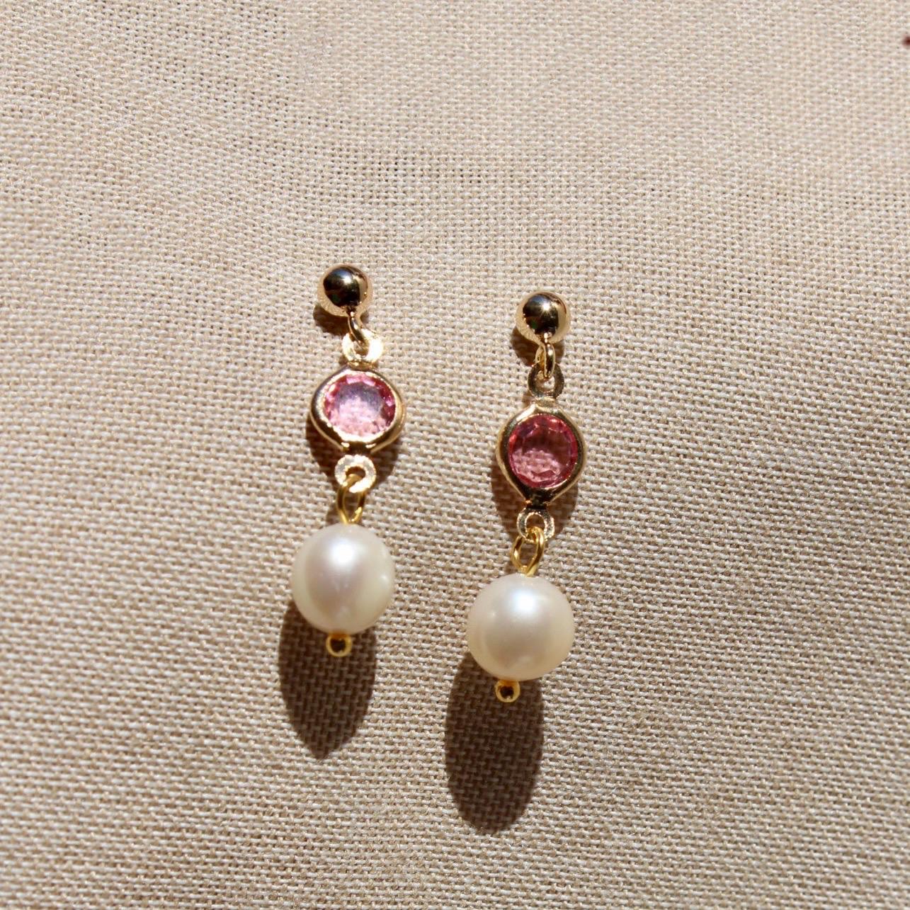 Pearl and Pink Crystal Drop Stud Earrings - Pink Crystal Earrings with Pearl Drop - Gold Plated Pearl and Crystal Earrings