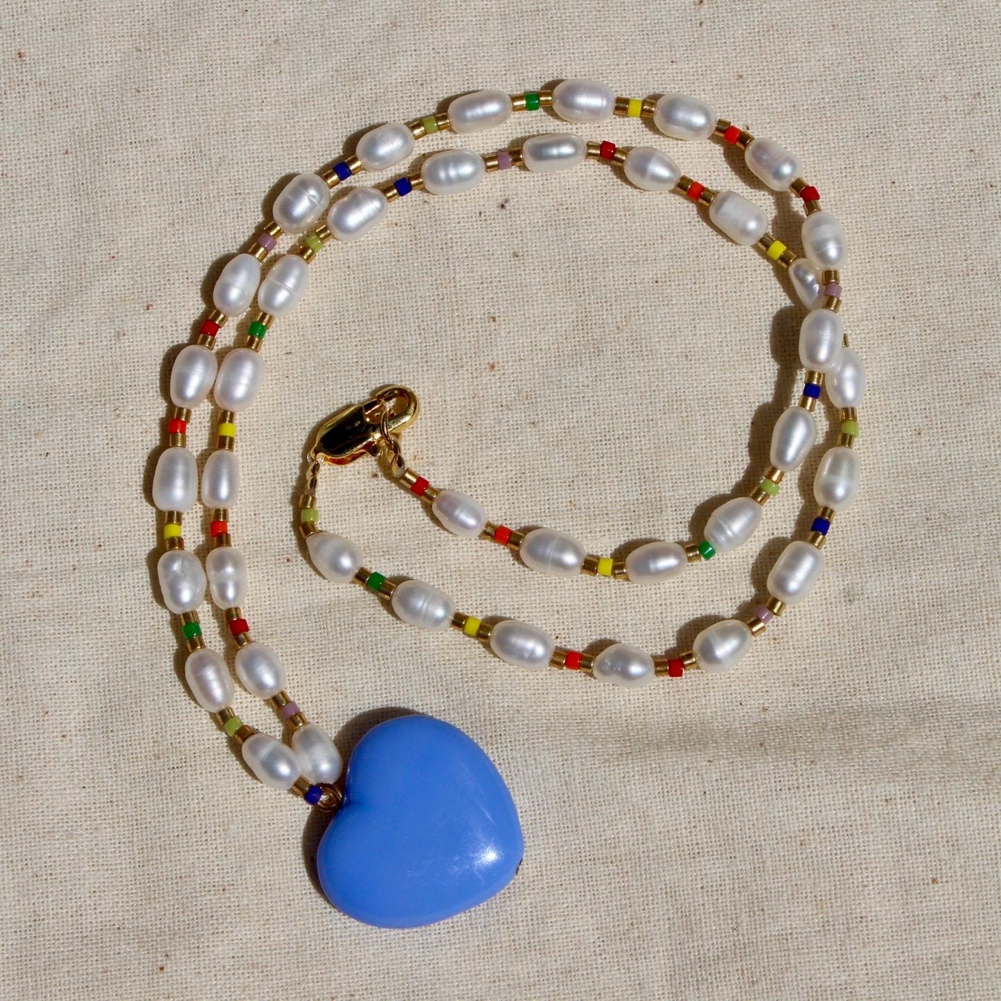 Vintage Colorful Heart Necklace - Seed Bead and Pearl Necklace - Vintage Summer Necklace