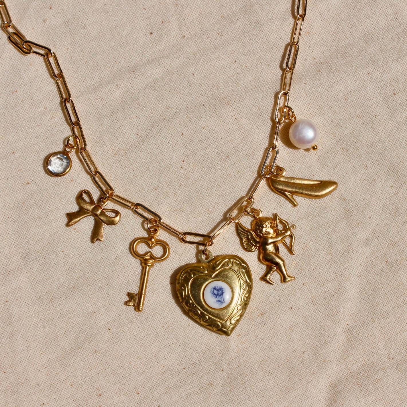 Vintage Dainty Locket Charm Necklace - Necklace with Vintage Brass and Gold Plated Charms - Dainty Charm Necklace