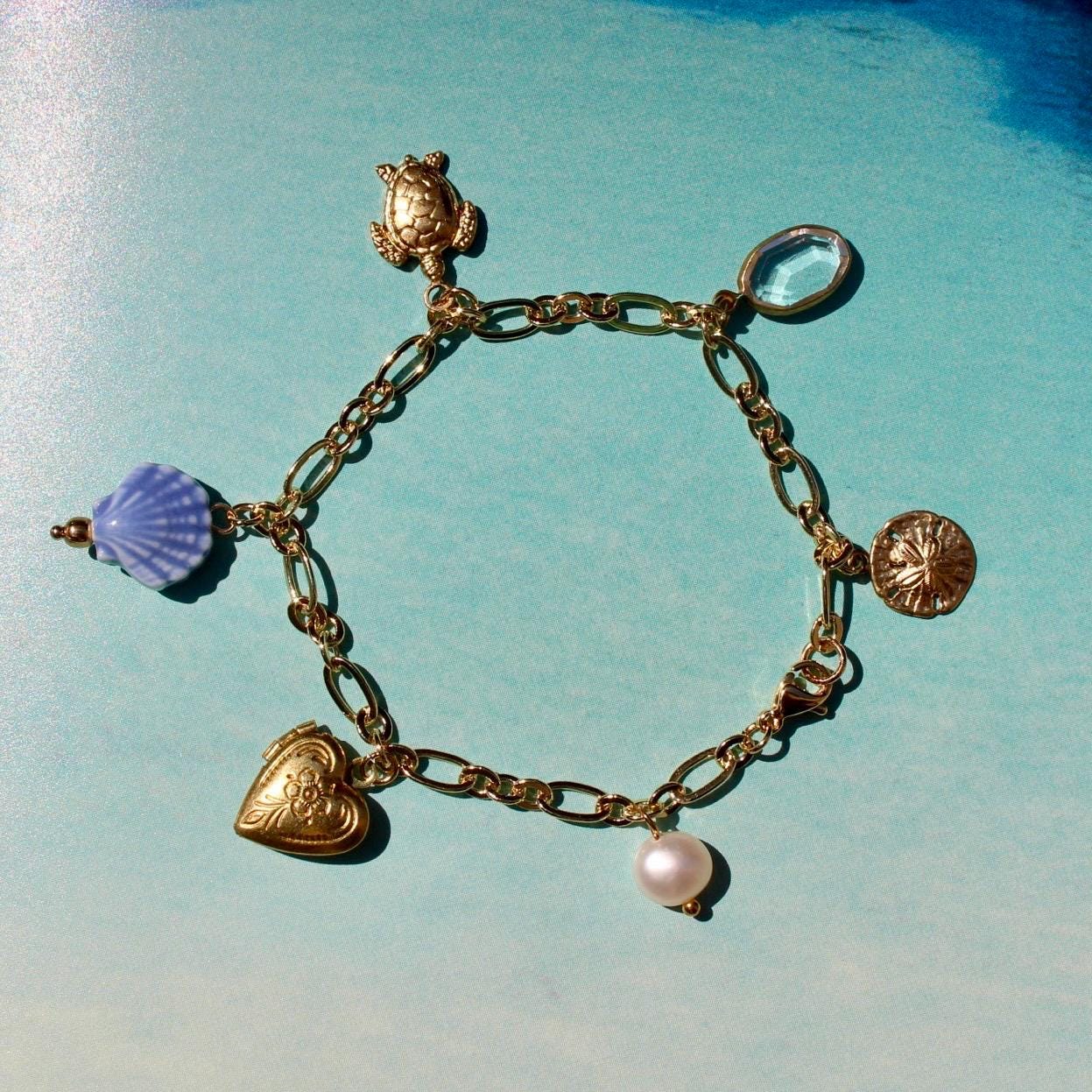 Vintage Charm Mermaid Ocean Themed Bracelet - Vintage Coastal Charm Bracelet with Turtle, Shell, Fish, and Pearl Charms