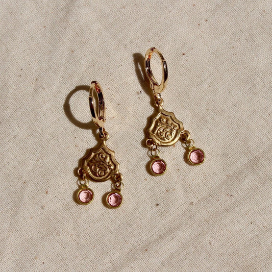 Vintage Dangle Charm Earrings - Dangle Earrings Chain and Pink Crystal Drops - Vintage Brass Dangle Earrings