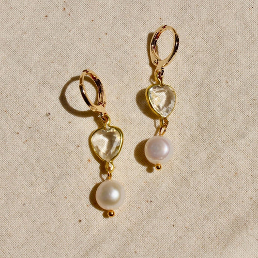 Vintage Crystal Heart and Pearl Drop Earrings - Handmade Vintage Charm Earrings