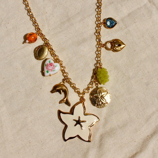 Vintage Summer Themed Charm Necklace - Statement Necklace with Vintage Starfish, Heart, Crystal, and Hand Painted Charms