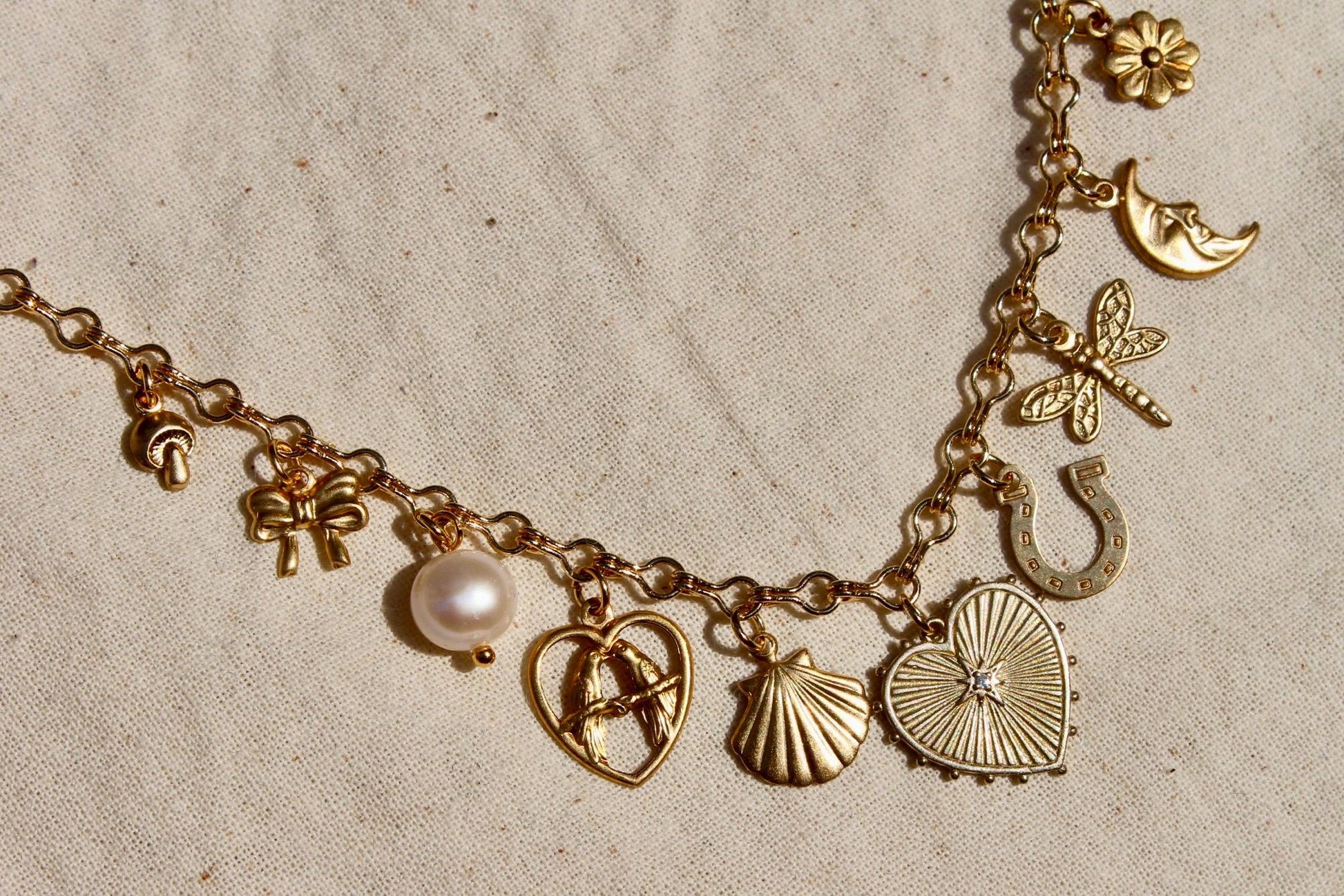 Vintage Dainty Charm Necklace - Dainty Necklace with Brass Heart, Pearl, Lovebirds, Horseshoe, Moon and Others