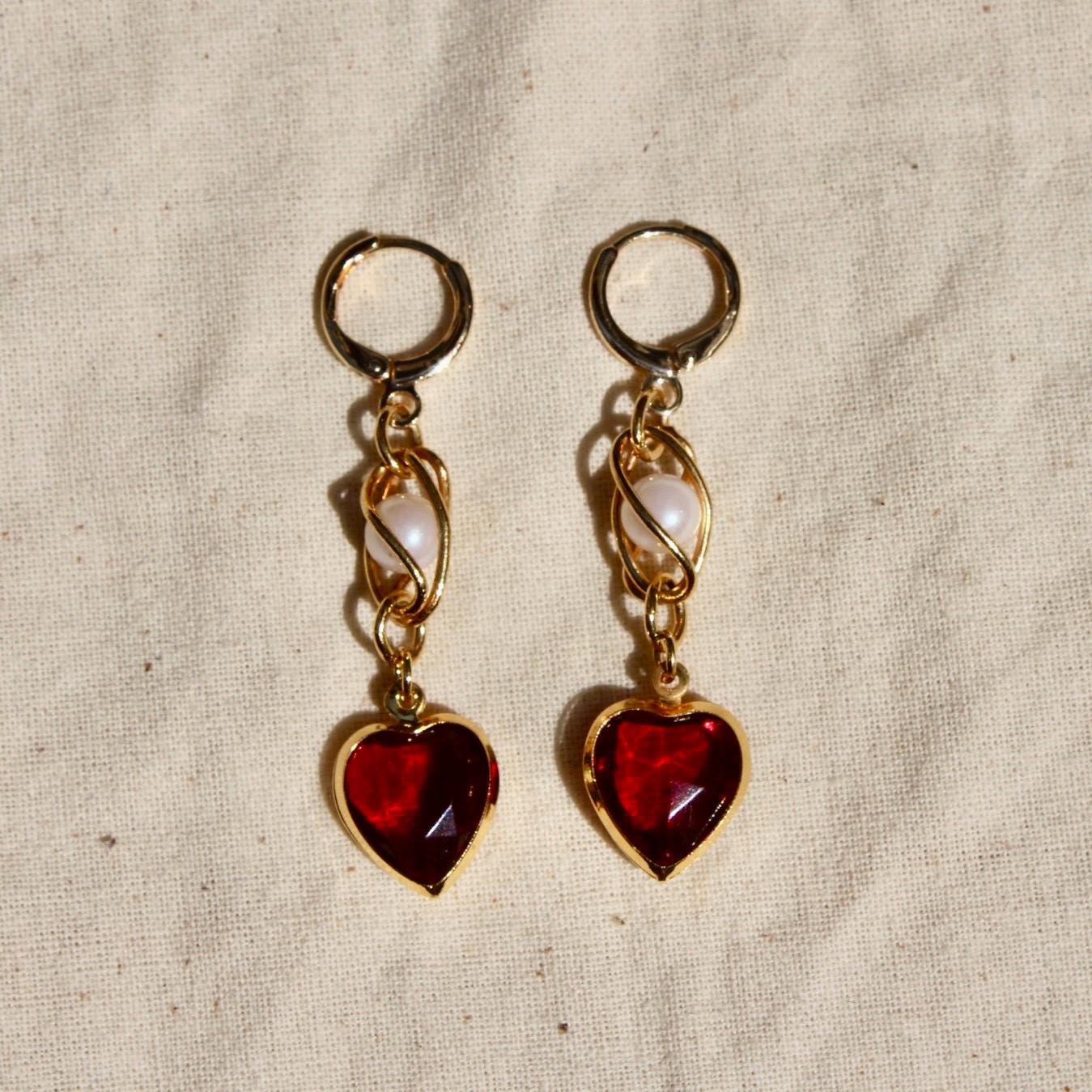 Vintage Red Heart and Pearl Drop Earrings - Handmade Vintage Charm Earrings