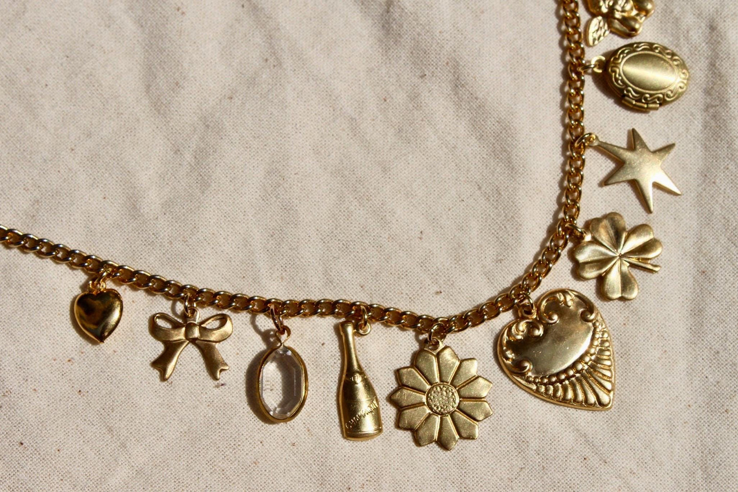 Vintage Dainty Charm Necklace - Dainty Necklace with Brass Heart, Locket, Hand Painted Charm, and Acrylic Charms