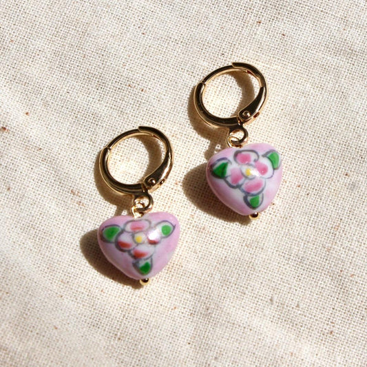 Hand Painted Pink Floral Heart Charm Earrings - Vintage Hand Painted Bead Earrings - Hoop Earrings with Pink Heart Charms