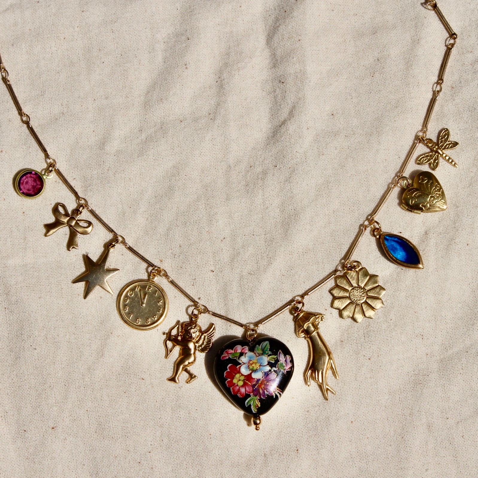 Vintage Floral Heart Charm Necklace - Necklace with Vintage Japanese Bead, Glass, and Brass Charms - Bow, Floral, Hand, Locket and Hearts