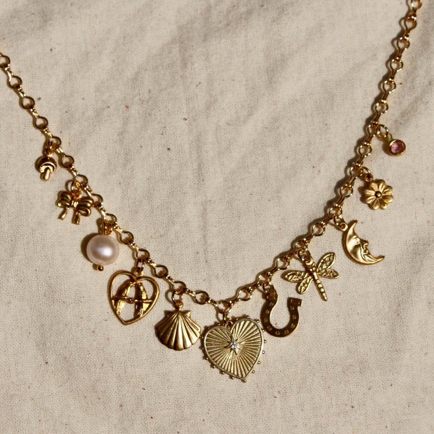 Vintage Dainty Charm Necklace - Dainty Necklace with Brass Heart, Pearl, Lovebirds, Horseshoe, Moon and Others