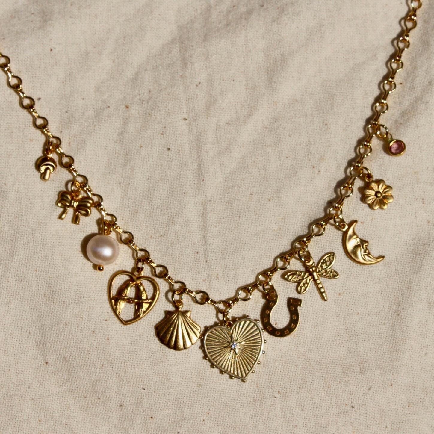 Vintage Dainty Charm Necklace - Dainty Necklace with Brass Heart, Pearl, Lovebirds, Horseshoe, Moon and Others