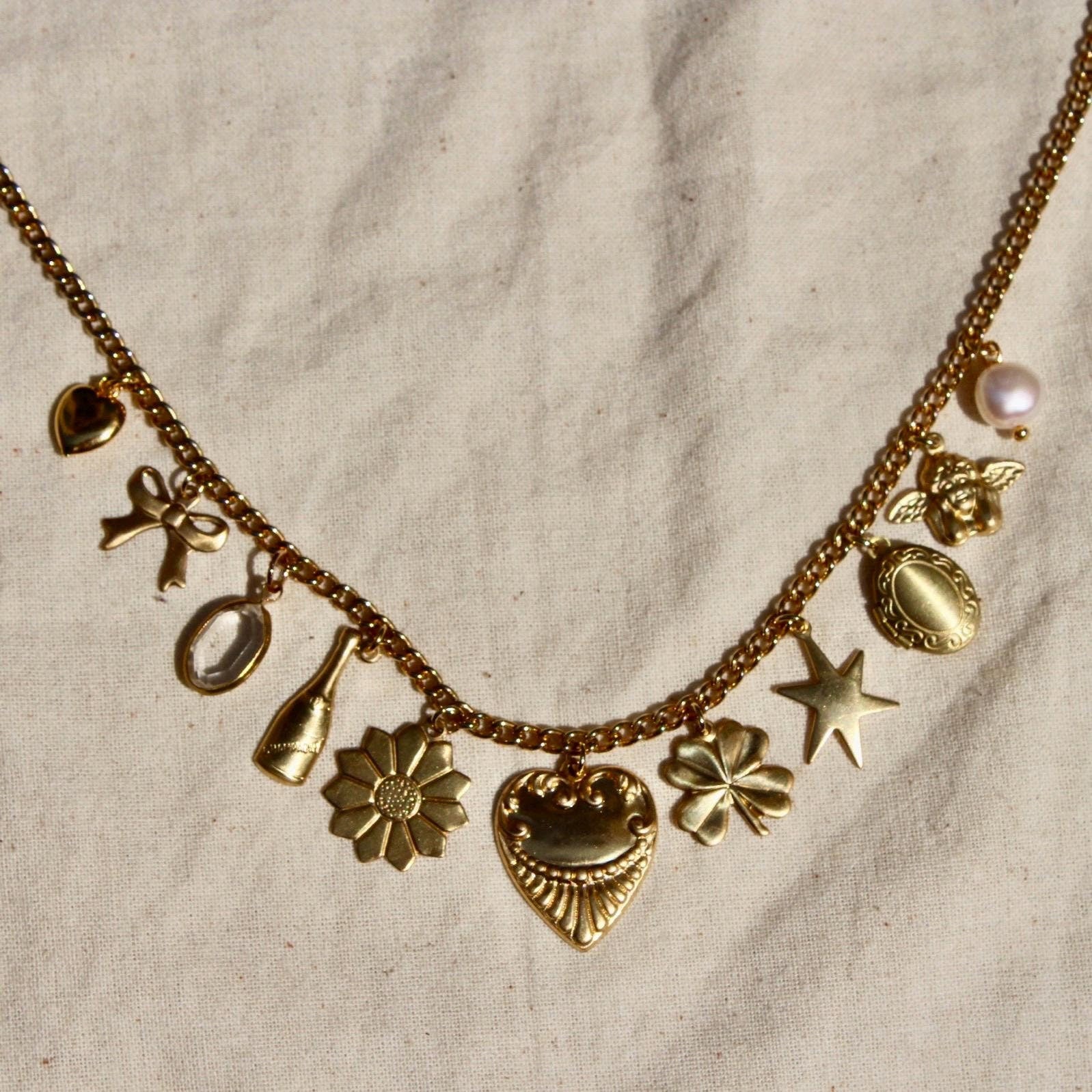 Vintage Dainty Charm Necklace - Dainty Necklace with Brass Heart, Locket, Hand Painted Charm, and Acrylic Charms