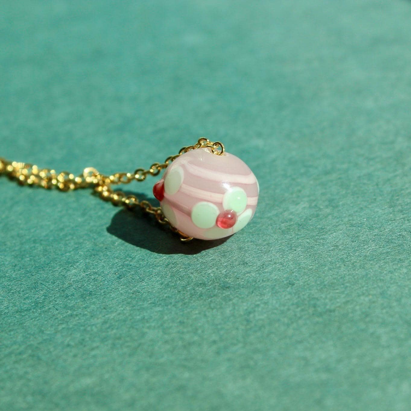 Vintage Pink Glass Bead Necklace - Vintage Necklace with Pink and White Floral Glass Bead