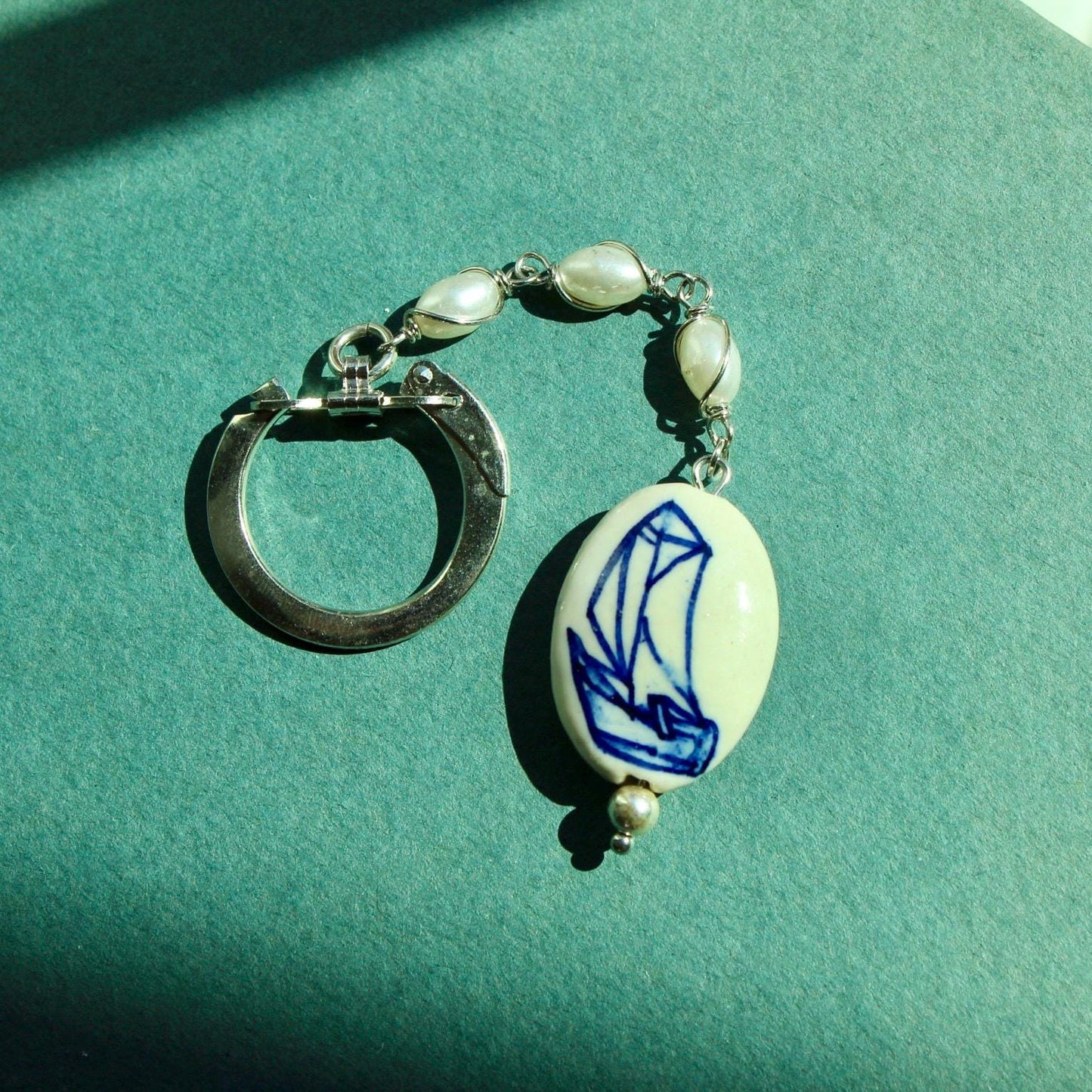 Vintage Ceramic Sailboat Pearl Keychain - Vintage Pearl Keychain with Painted Sailboat Charm