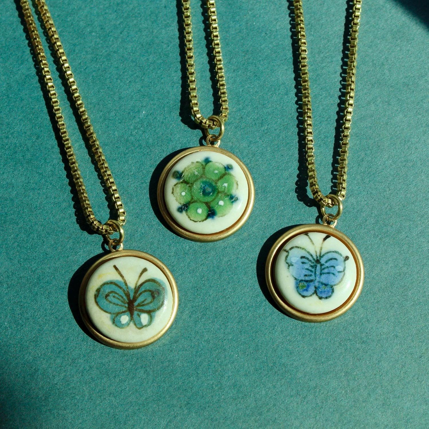 Vintage Painted Round Pendant Necklace - Handmade Vintage Ceramic Charm and Brass Box Chain - Butterfly Necklace - Flower Necklace