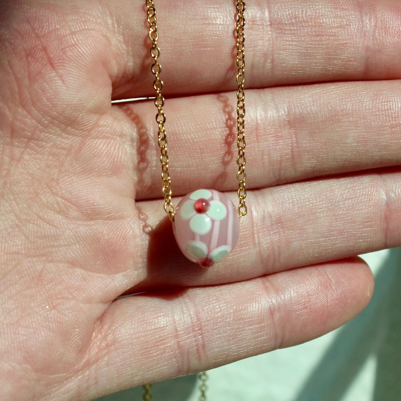 Vintage Pink Glass Bead Necklace - Vintage Necklace with Pink and White Floral Glass Bead