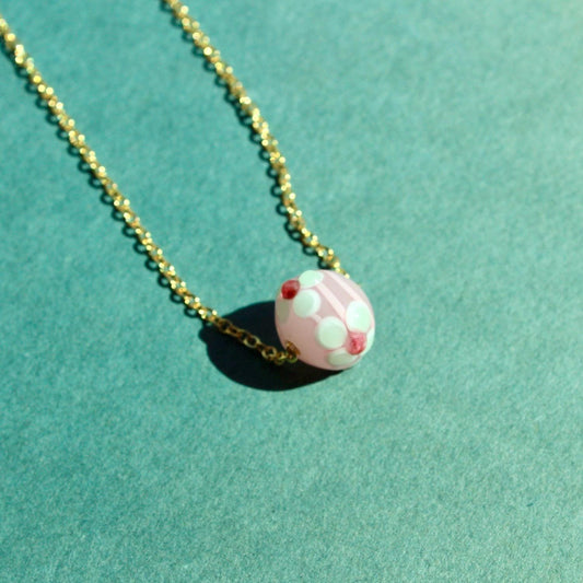 Vintage Pink Glass Bead Necklace - Vintage Necklace with Pink and White Floral Glass Bead