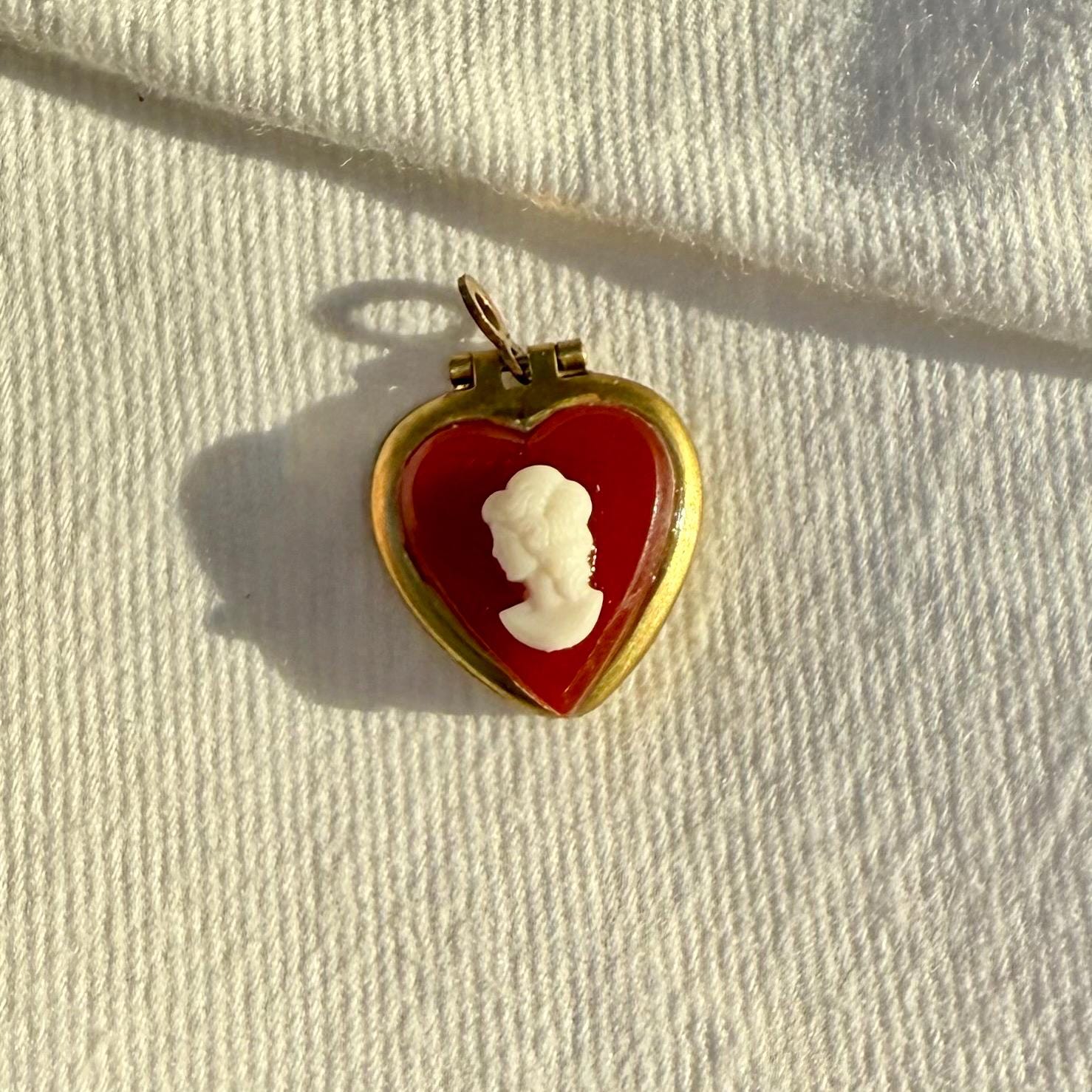 Vintage Small Red Cameo Heart Locket - Mini Vintage Brass Heart Locket Charm - Brass Locket