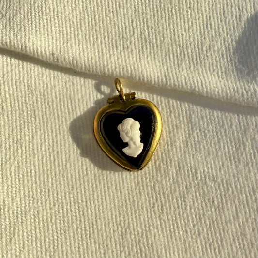 Vintage Small Black Cameo Heart Locket - Mini Vintage Brass Heart Locket Charm - Brass Locket