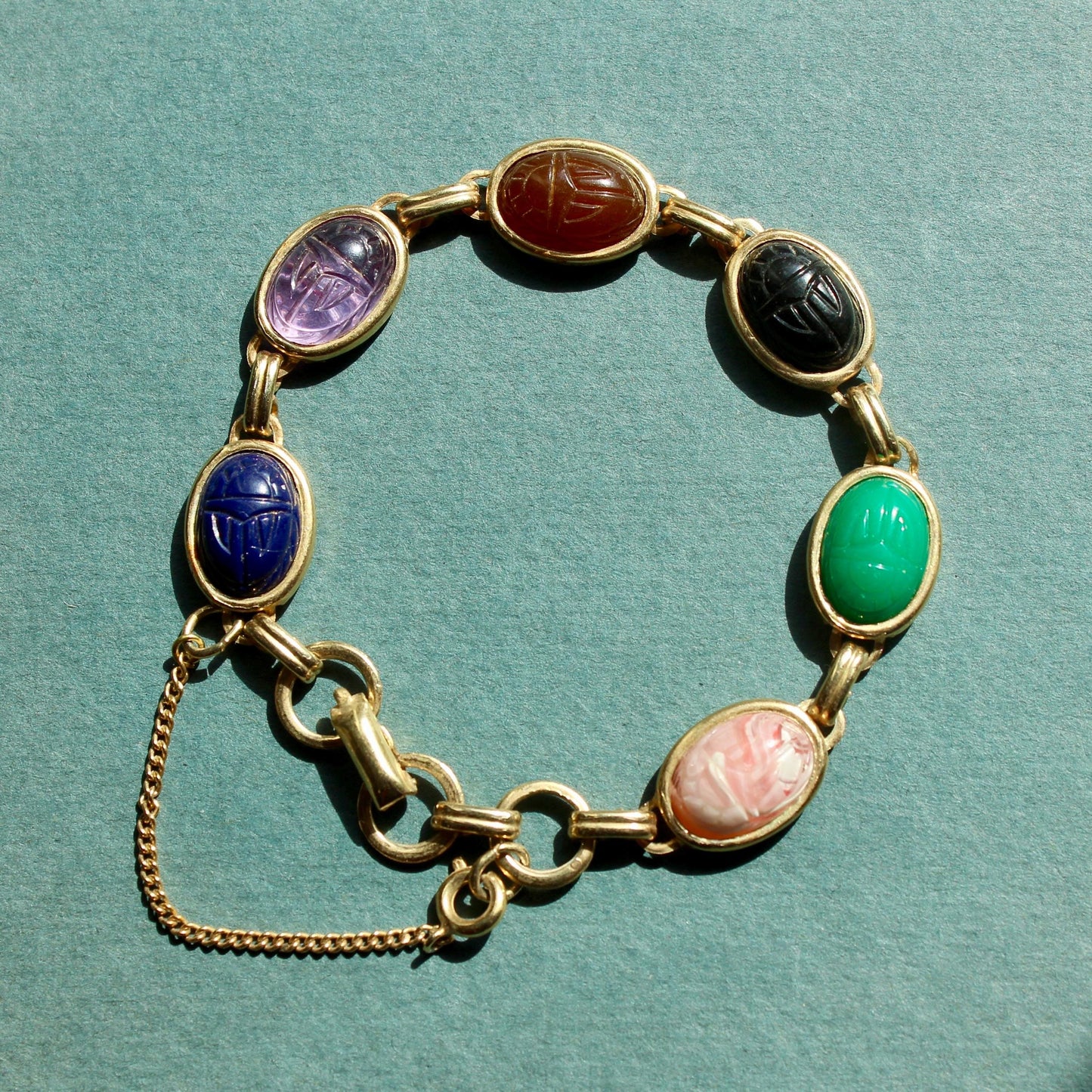 Vintage Scarab Bracelet - Scarab Bracelet with Multicolor Cabochons - Vintage Gold Scarab Bracelet