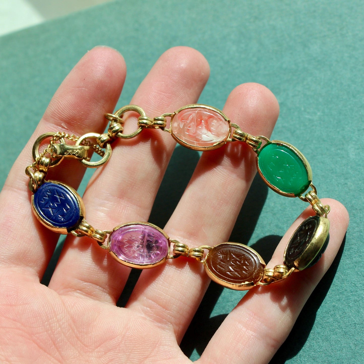 Vintage Scarab Bracelet - Scarab Bracelet with Multicolor Cabochons - Vintage Gold Scarab Bracelet