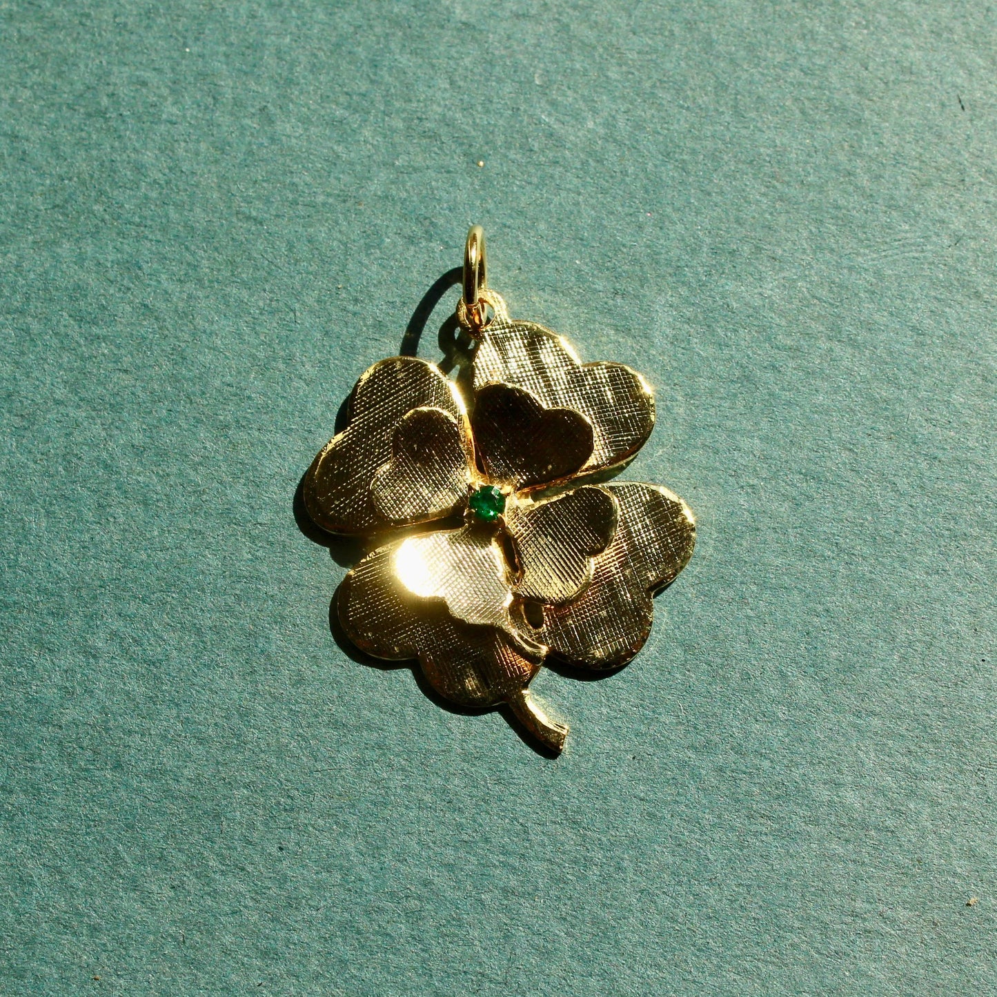 Vintage Clover Charm with Green Rhinestone - Vintage House of Borvani HOBCO Gold Clover Charm