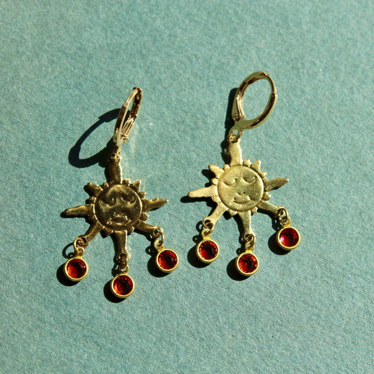 Vintage Sun Dangle Charm Earrings - Sun Earrings with Orange Crystal Drops - Vintage Dangle Earrings