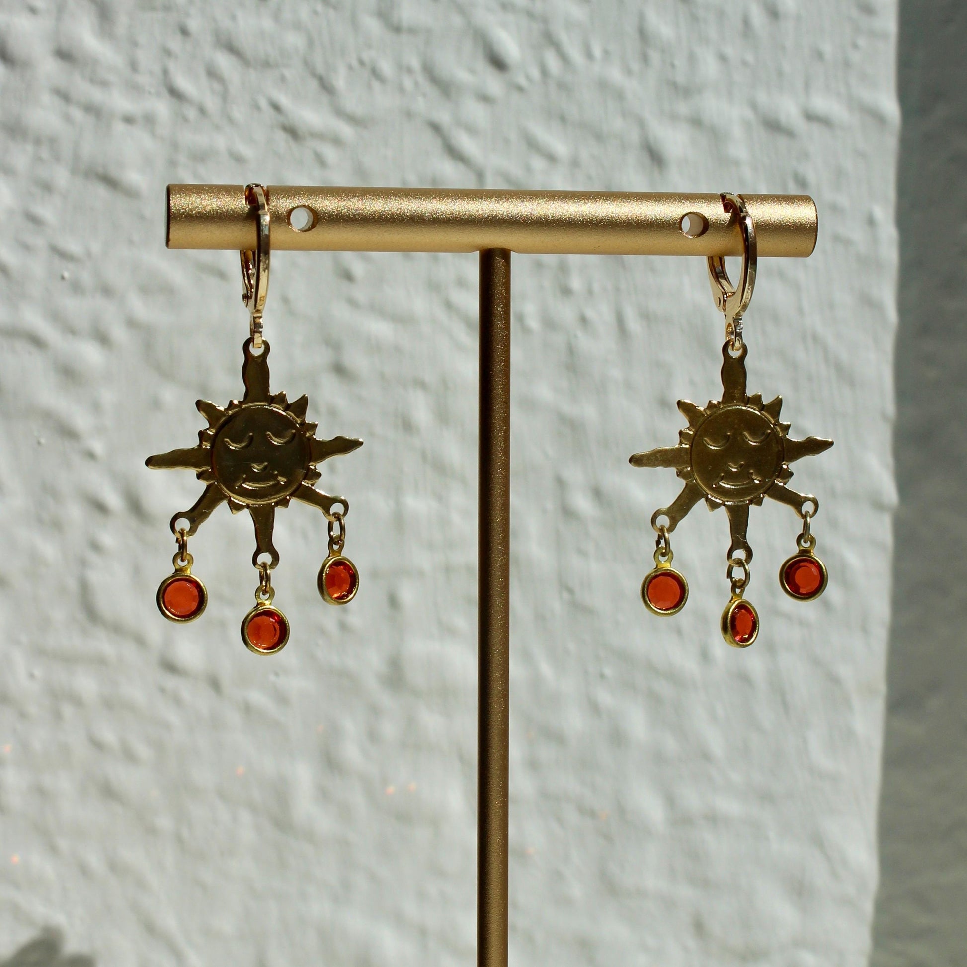 Vintage Sun Dangle Charm Earrings - Sun Earrings with Orange Crystal Drops - Vintage Dangle Earrings