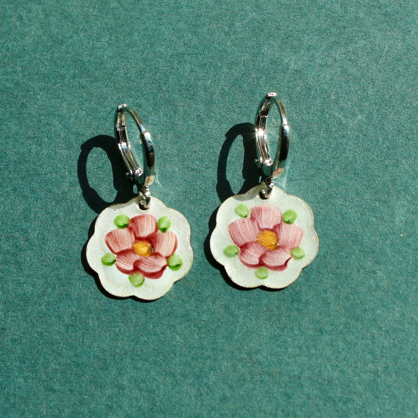 Vintage Enamel Pink Flower Earrings - Vintage Enamel Earrings - Vintage Guilloche Floral Enamel Earrings - Gold and Silver