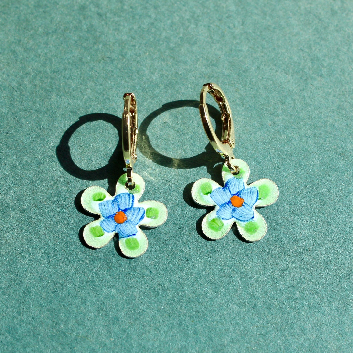 Vintage Blue and Green Enamel Floral Earrings - Vintage Enamel Earrings - Vintage Guilloche Floral Enamel Earrings - Gold and Silver