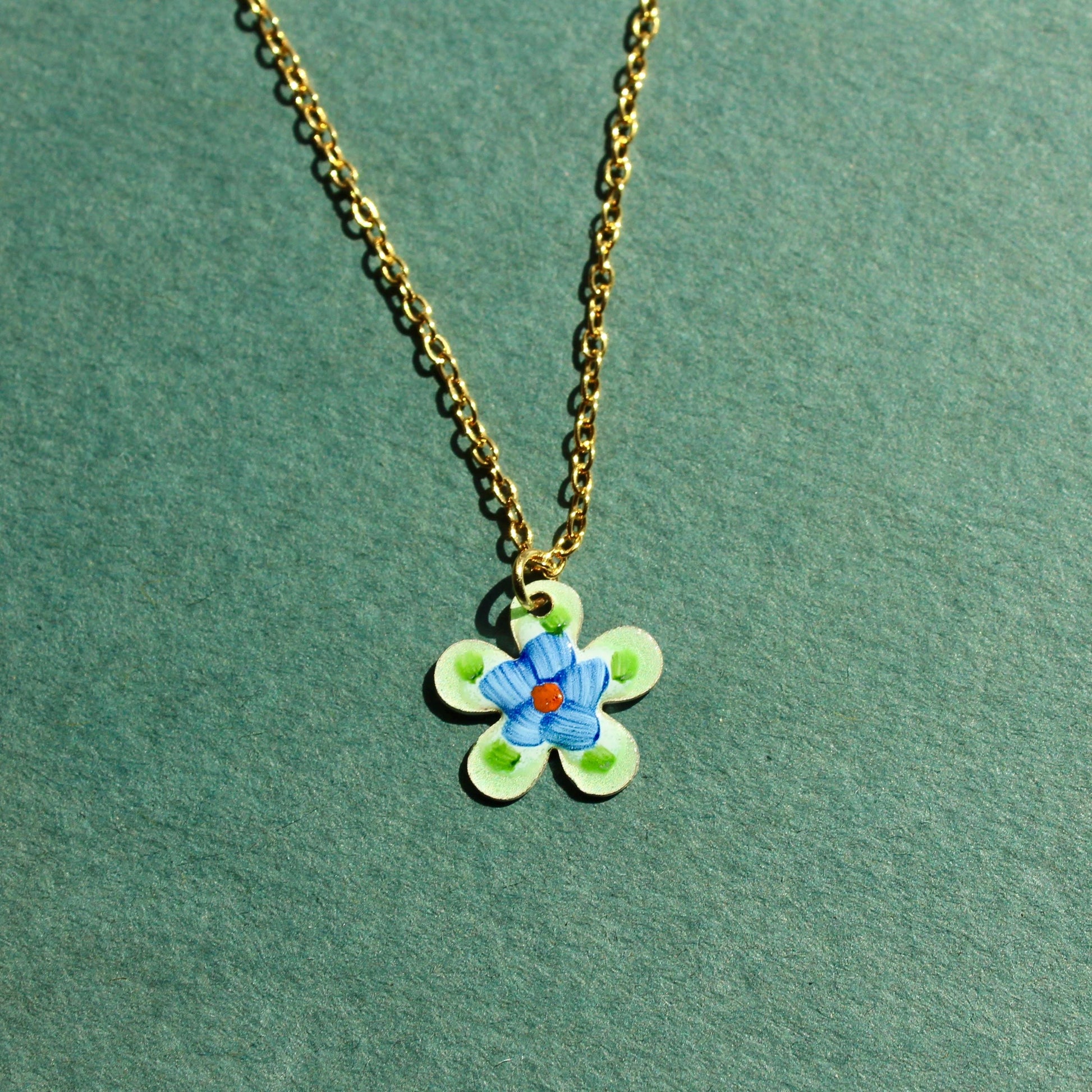 Vintage Enamel Floral Charm Pendant Necklace - Vintage Blue & Green Flower Necklace - Vintage Guilloche Necklace - Gold and Silver