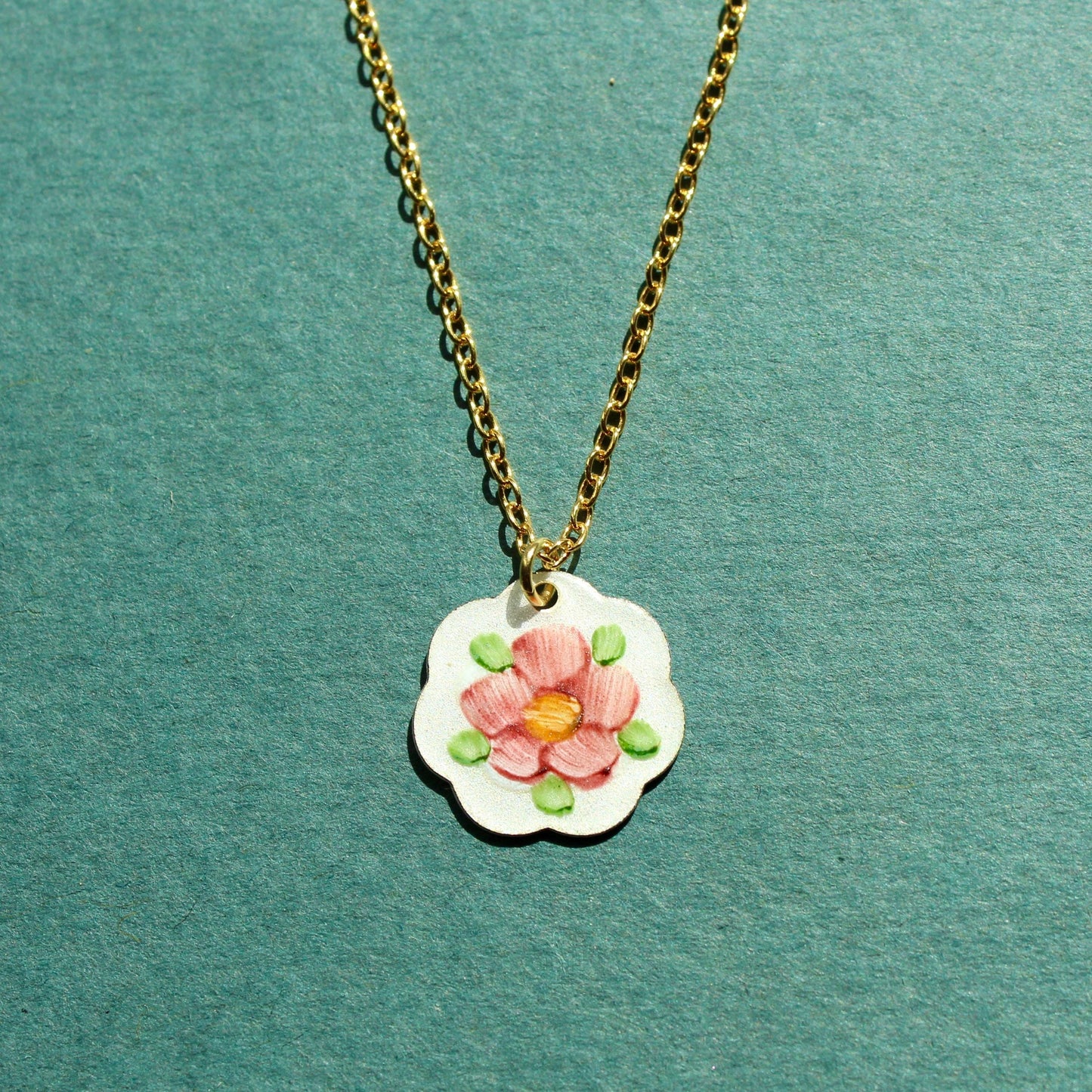 Vintage Enamel Floral Charm Pendant Necklace - Vintage Flower Necklace - Vintage Guilloche Floral Enamel Necklace - Gold and Silver