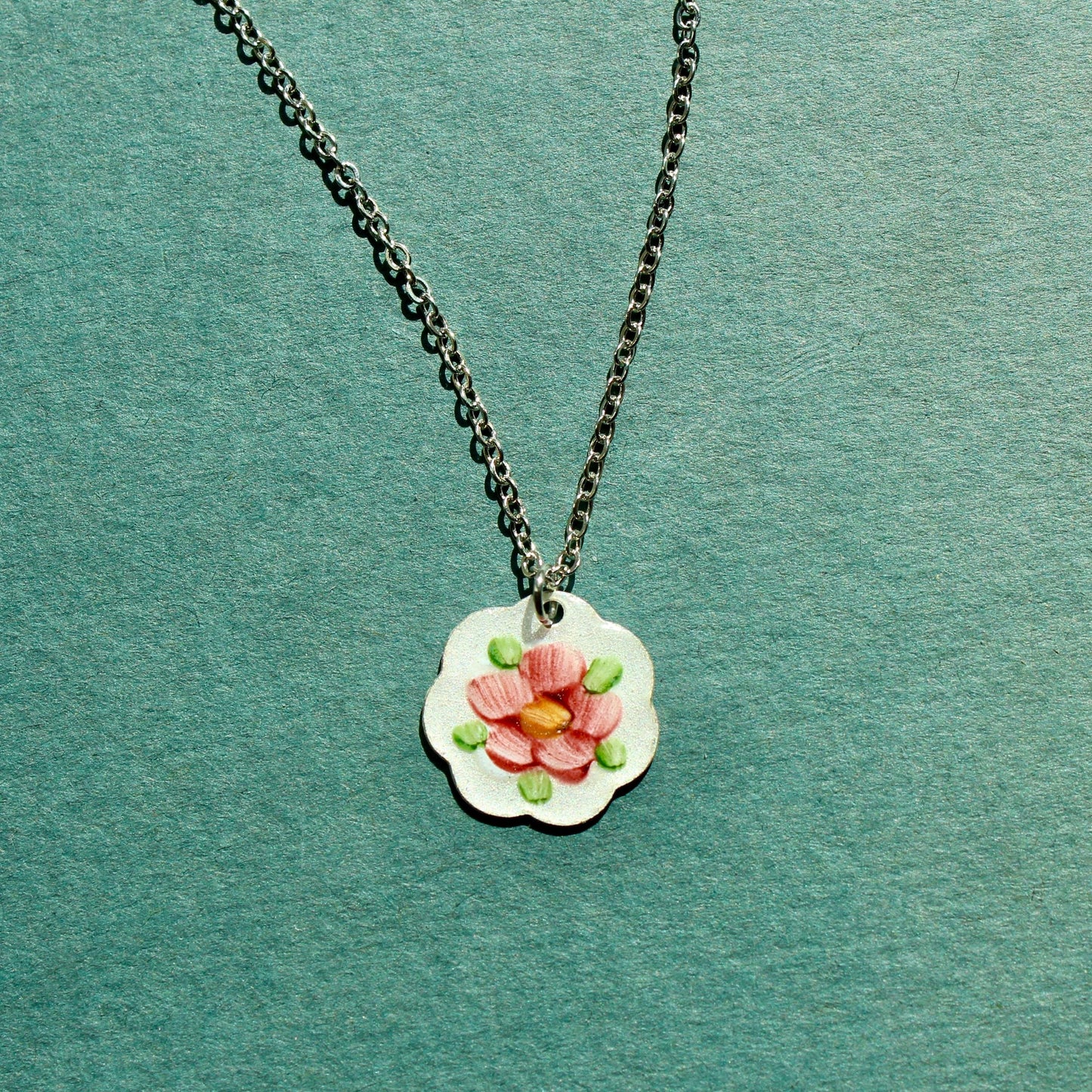 Vintage Enamel Floral Charm Pendant Necklace - Vintage Flower Necklace - Vintage Guilloche Floral Enamel Necklace - Gold and Silver