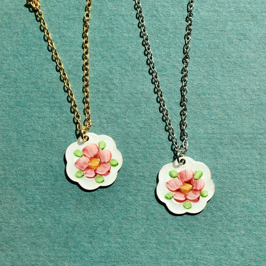 Vintage Enamel Floral Charm Pendant Necklace - Vintage Flower Necklace - Vintage Guilloche Floral Enamel Necklace - Gold and Silver