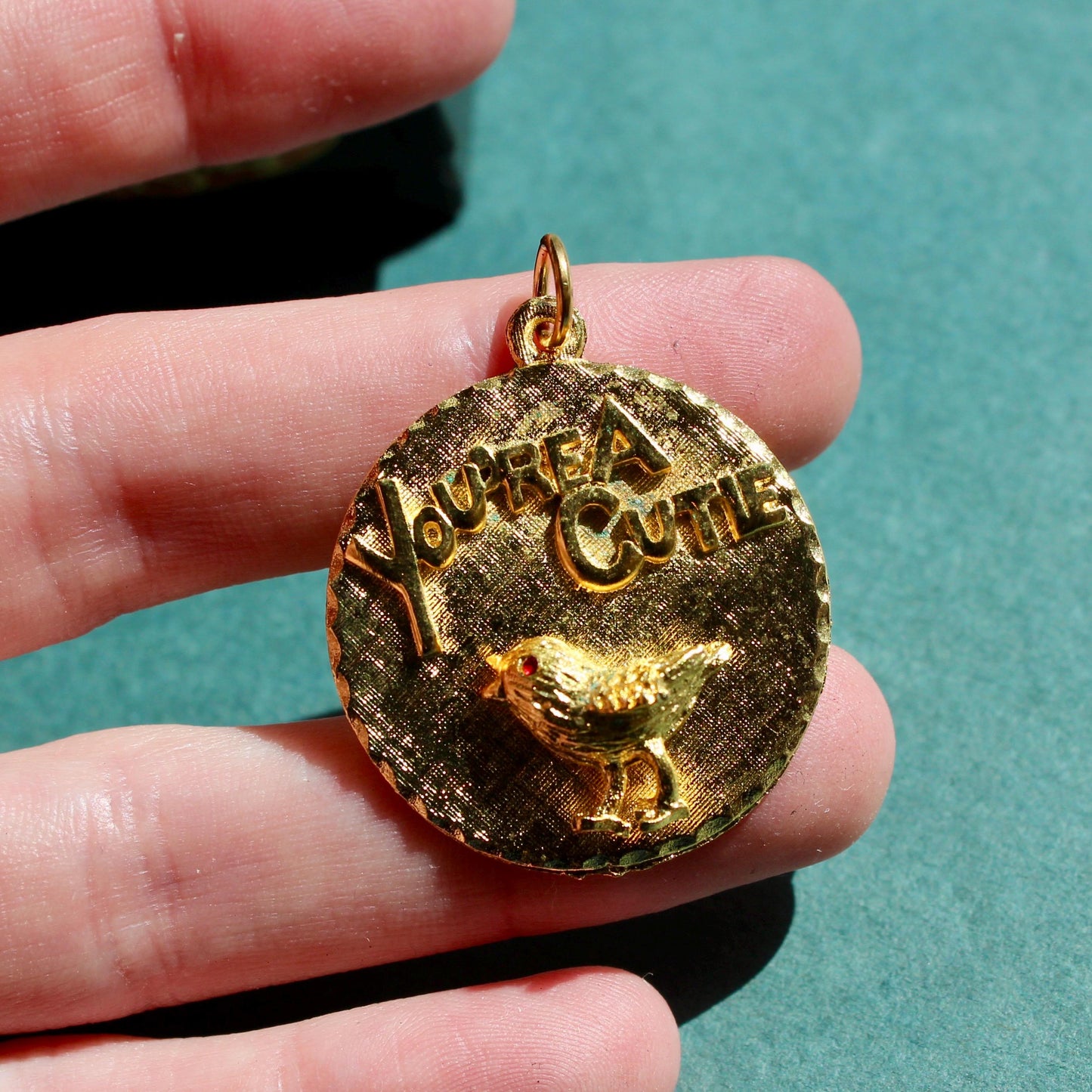 Vintage Hobco House of Borvani "You're A Cutie" Round Charm - Gold Tone Bird Charm - Vintage Round Pendant Charm