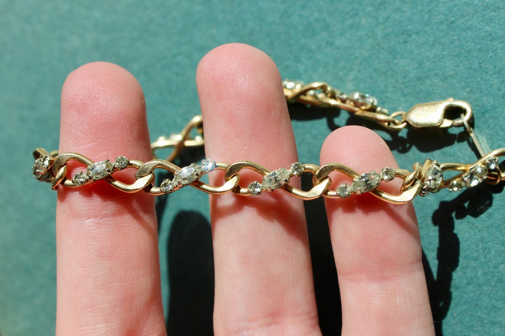 Vintage Krementz Tennis Chain Link Bracelet - Vintage Gold Link Bracelet with Silver Rhinestones