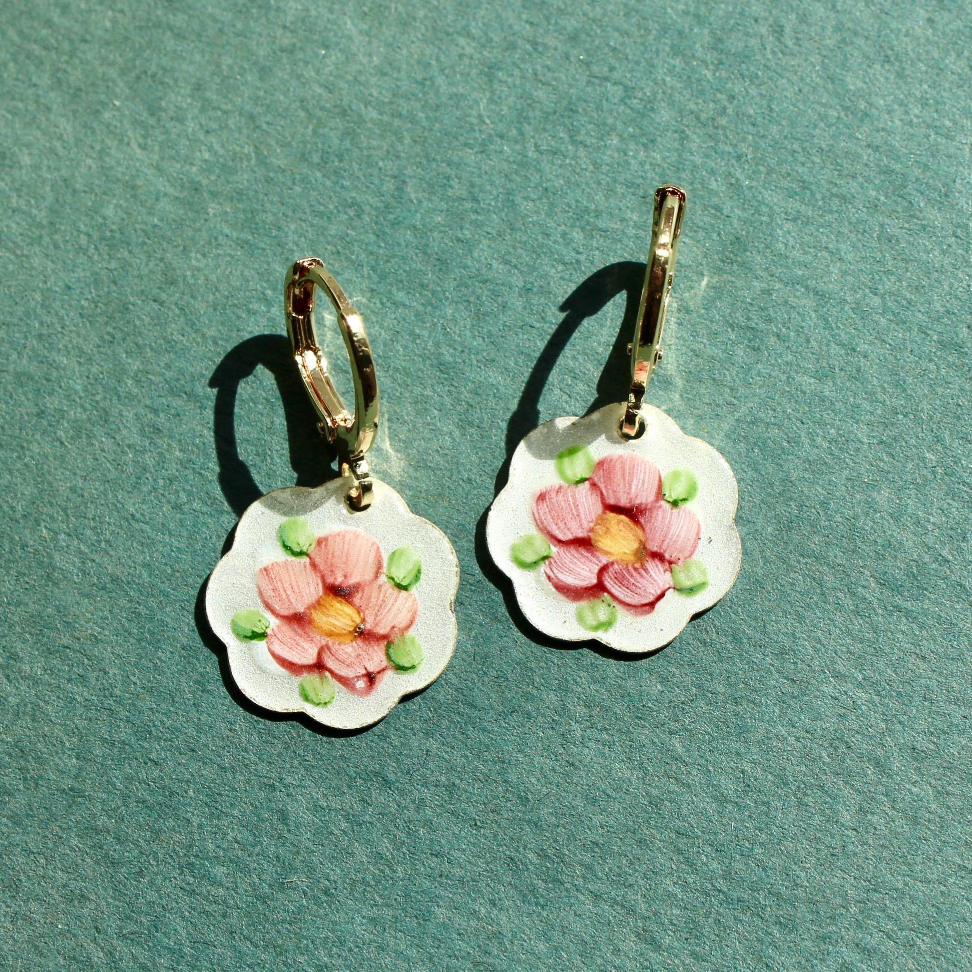 Vintage Enamel Pink Flower Earrings - Vintage Enamel Earrings - Vintage Guilloche Floral Enamel Earrings - Gold and Silver