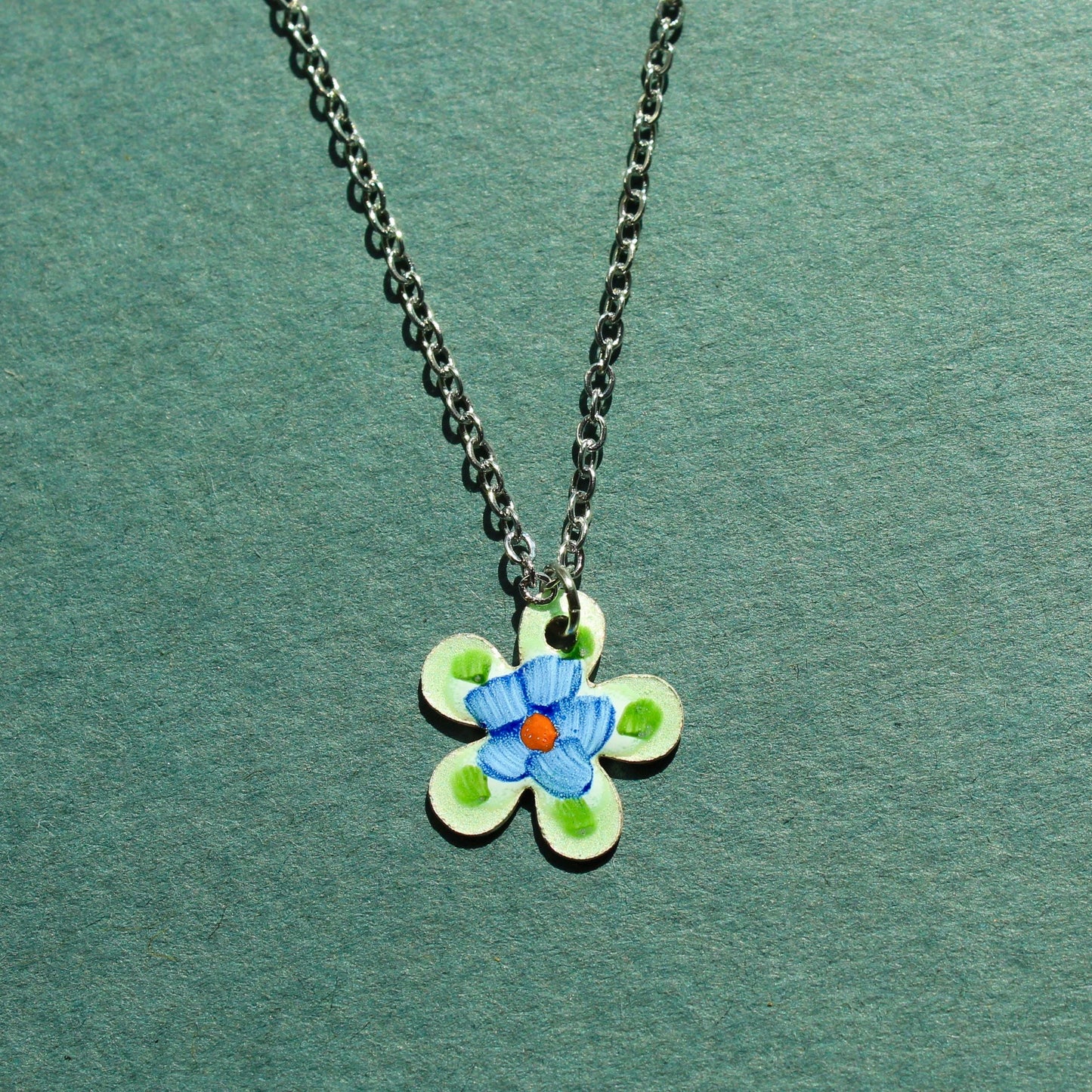 Vintage Enamel Floral Charm Pendant Necklace - Vintage Blue & Green Flower Necklace - Vintage Guilloche Necklace - Gold and Silver