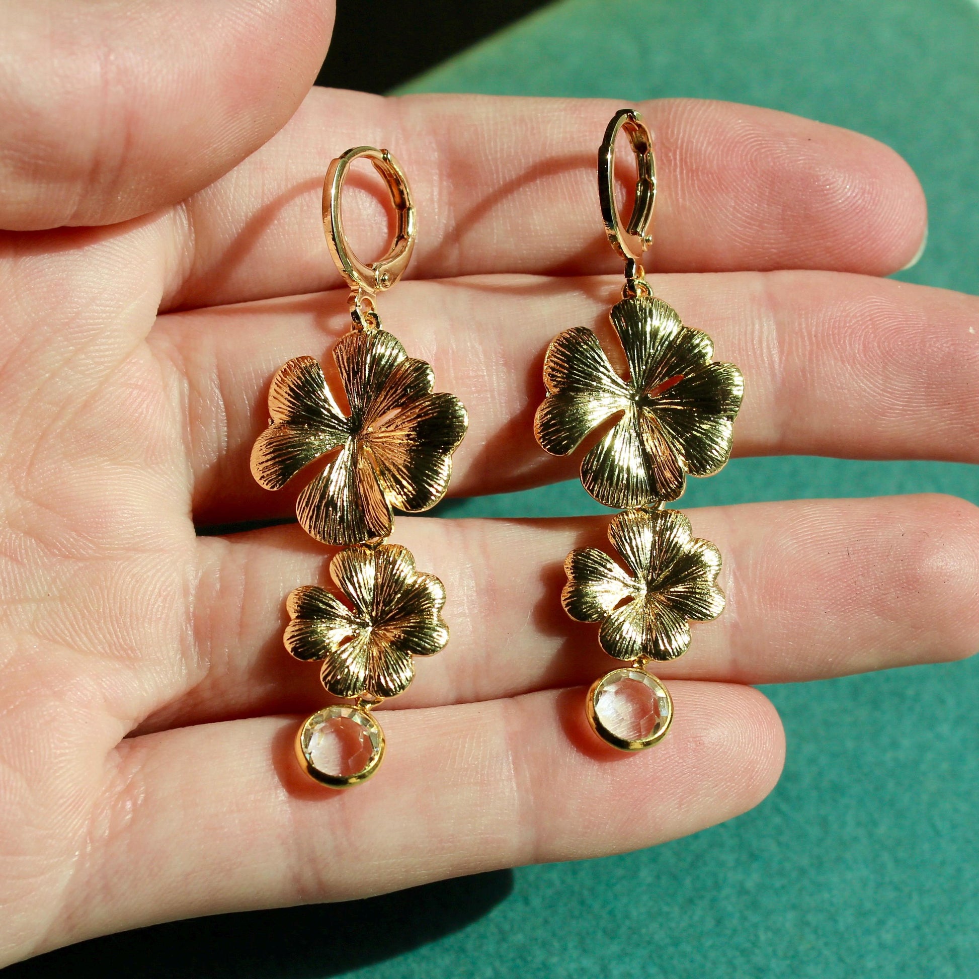 Floral Statement Drop Earrings - Gold Plated Floral Dangle Earrings with Clear Crystal - Handmade Gold Dangle Earrings