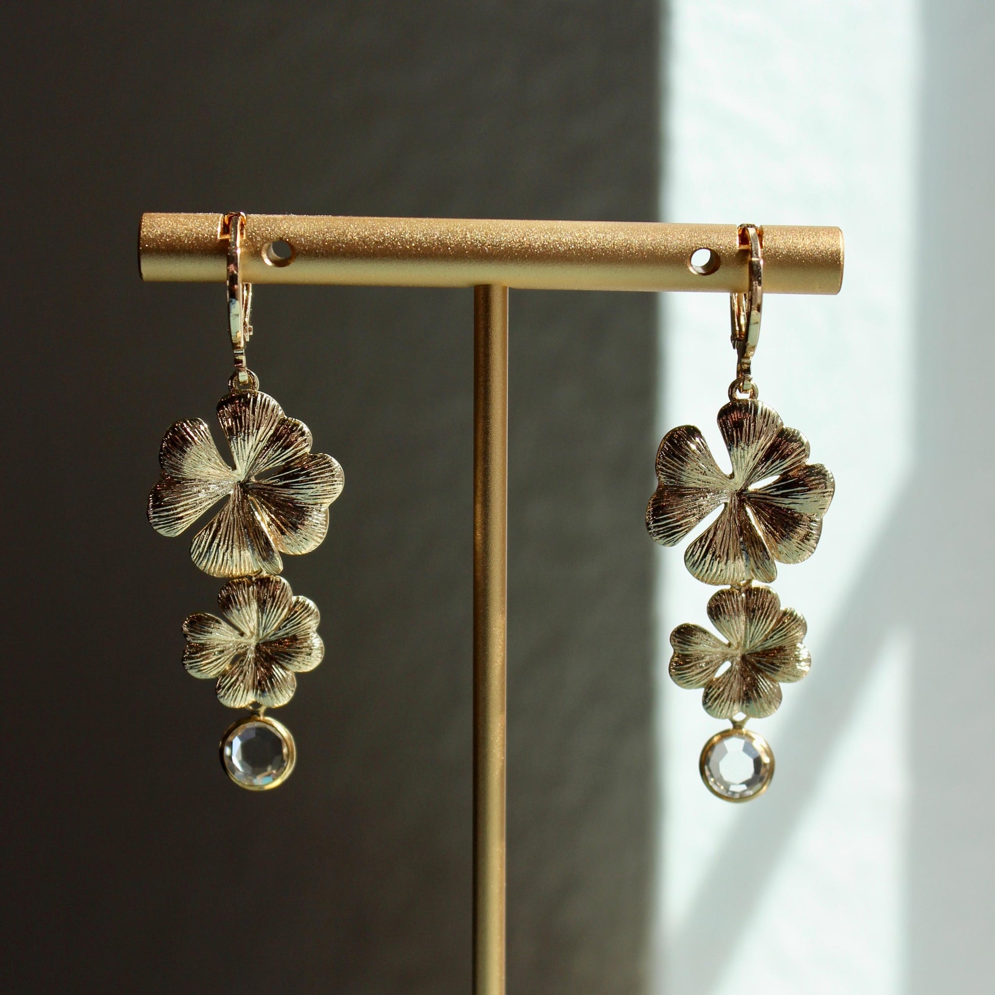 Floral Statement Drop Earrings - Gold Plated Floral Dangle Earrings with Clear Crystal - Handmade Gold Dangle Earrings