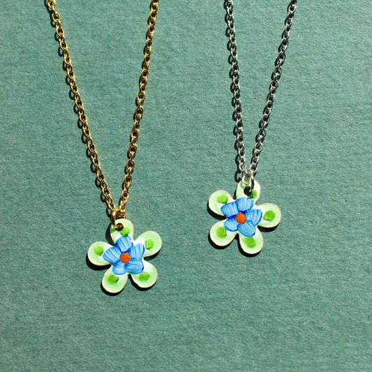 Vintage Enamel Floral Charm Pendant Necklace - Vintage Blue & Green Flower Necklace - Vintage Guilloche Necklace - Gold and Silver