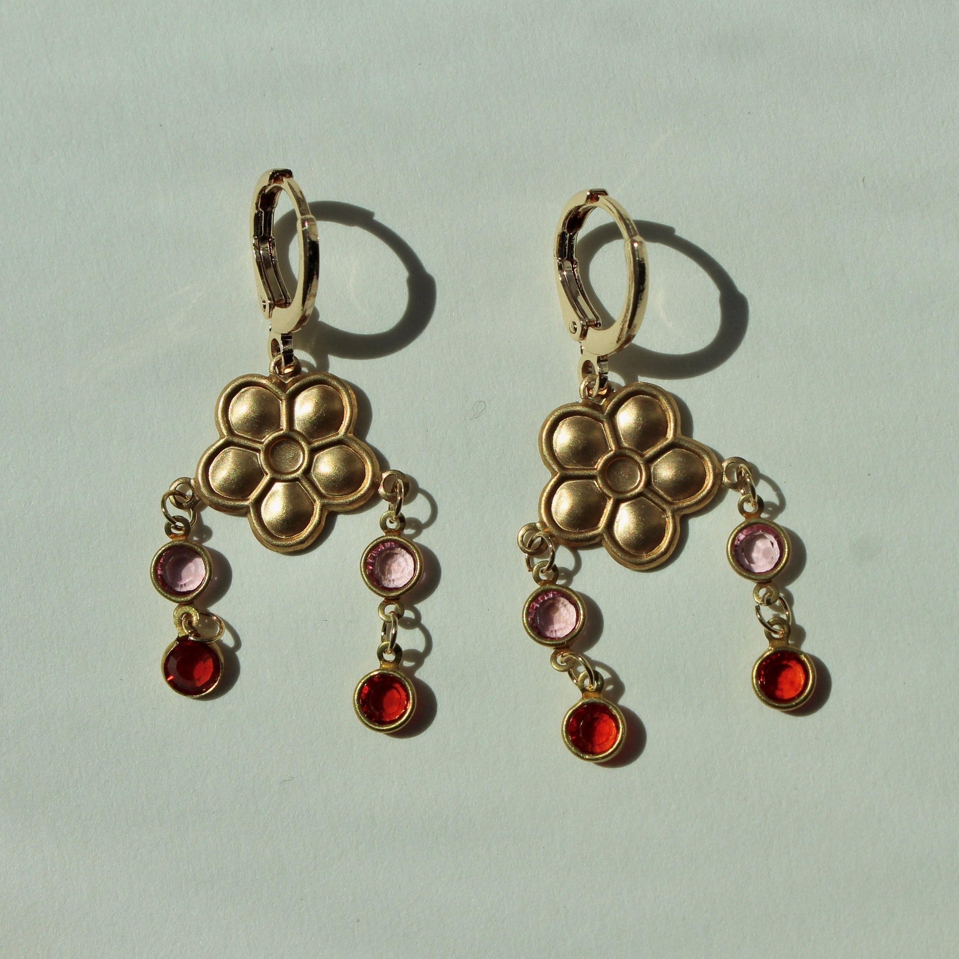Vintage Flower Dangle Charm Earrings - Flower Earrings with Orange and Pink Crystal Drops - Vintage Dangle Earrings