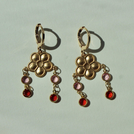Vintage Flower Dangle Charm Earrings - Flower Earrings with Orange and Pink Crystal Drops - Vintage Dangle Earrings