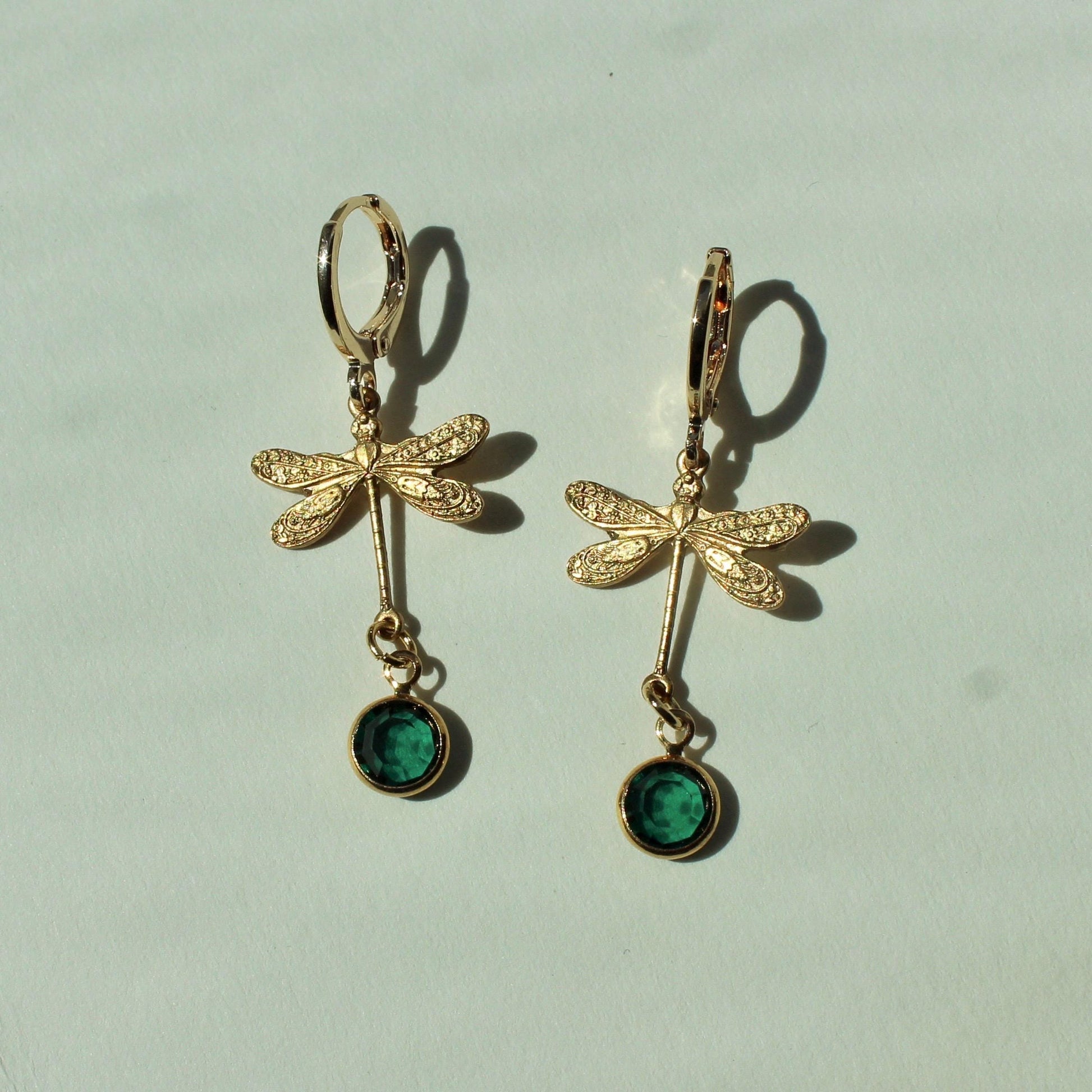 Vintage Dragonfly Dangle Charm Earrings - Dragonfly Earrings with Emerald Green Crystal Drops - Vintage Dangle Earrings