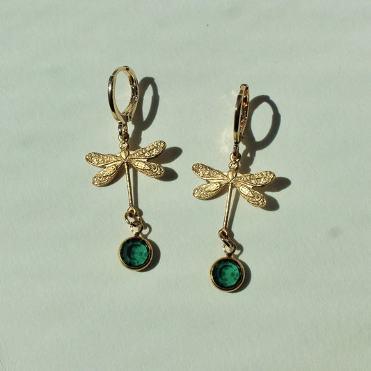 Vintage Dragonfly Dangle Charm Earrings - Dragonfly Earrings with Emerald Green Crystal Drops - Vintage Dangle Earrings