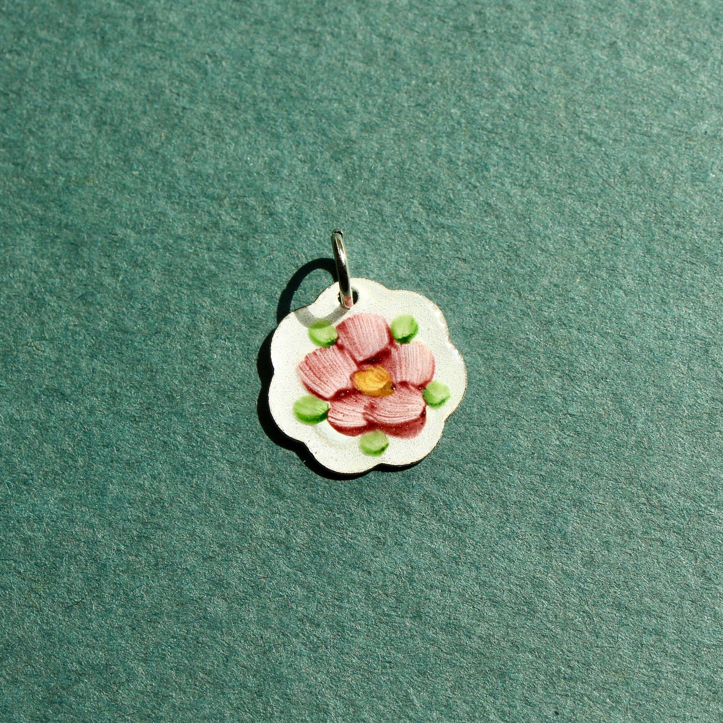 Vintage Guilloche Pink and White Flower Hand Painted Charm - Vintage Enamel Charm - Vintage Floral Enamel Guilloche Charm