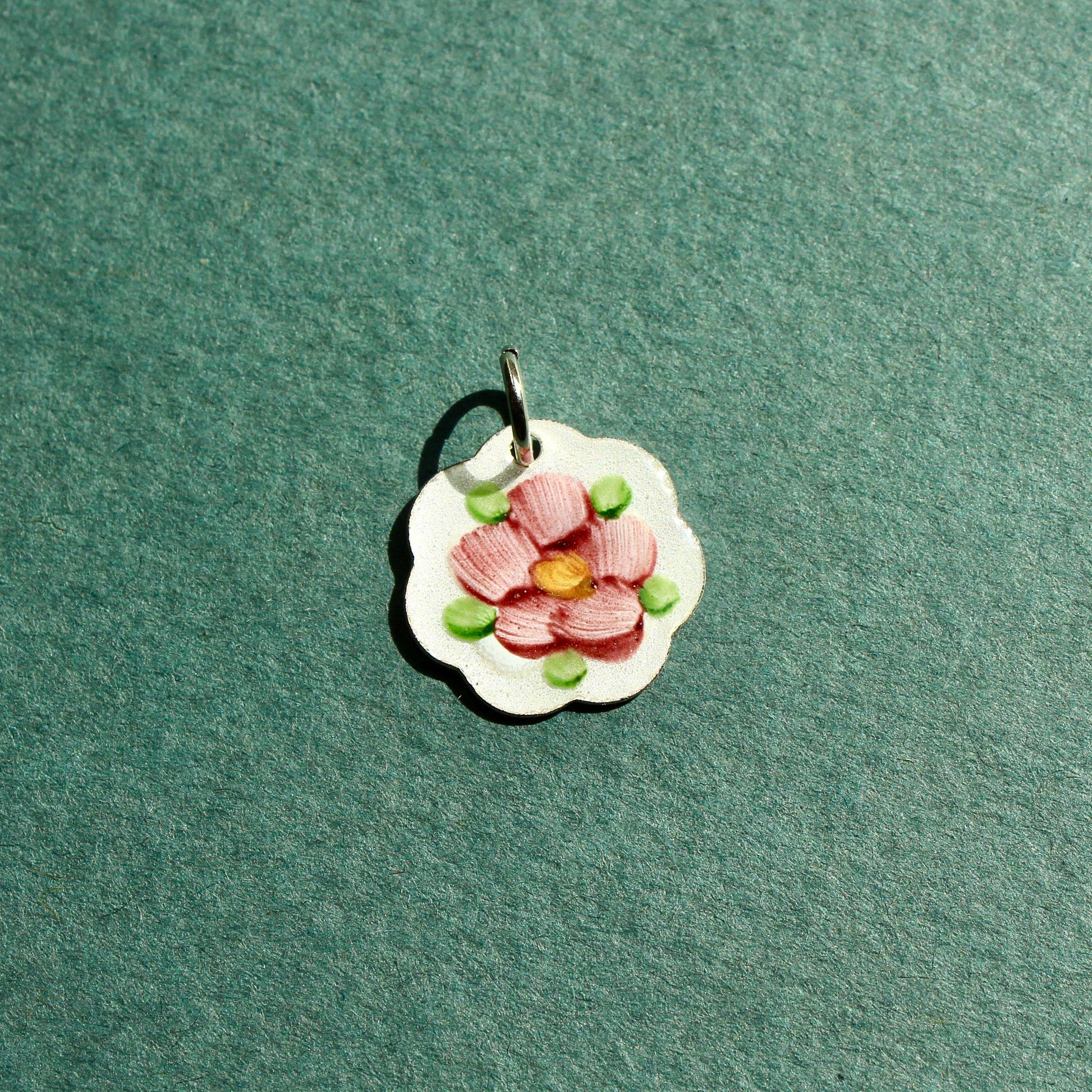 Vintage Guilloche Pink and White Flower Hand Painted Charm - Vintage Enamel Charm - Vintage Floral Enamel Guilloche Charm