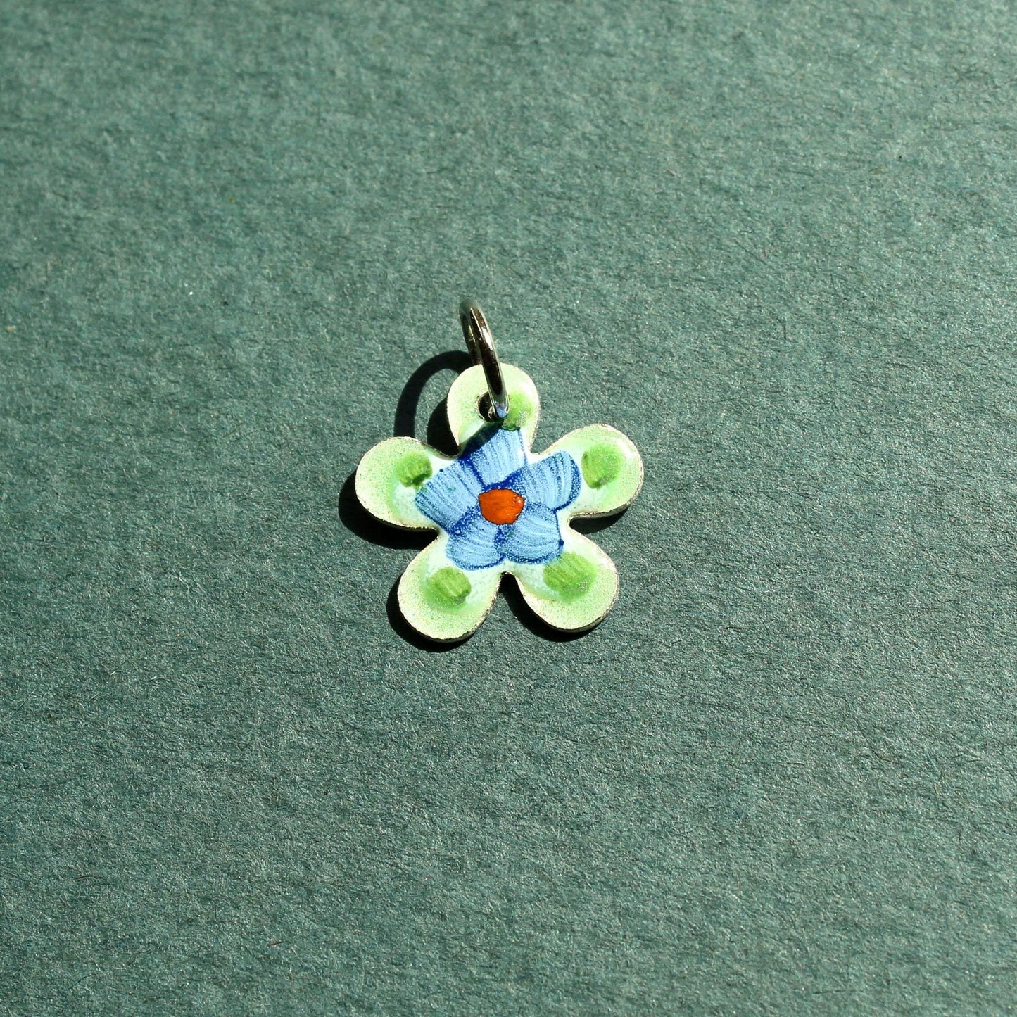 Vintage Guilloche Green and Blue Flower Hand Painted Charm - Vintage Enamel Charm - Vintage Floral Enamel Guilloche Charm