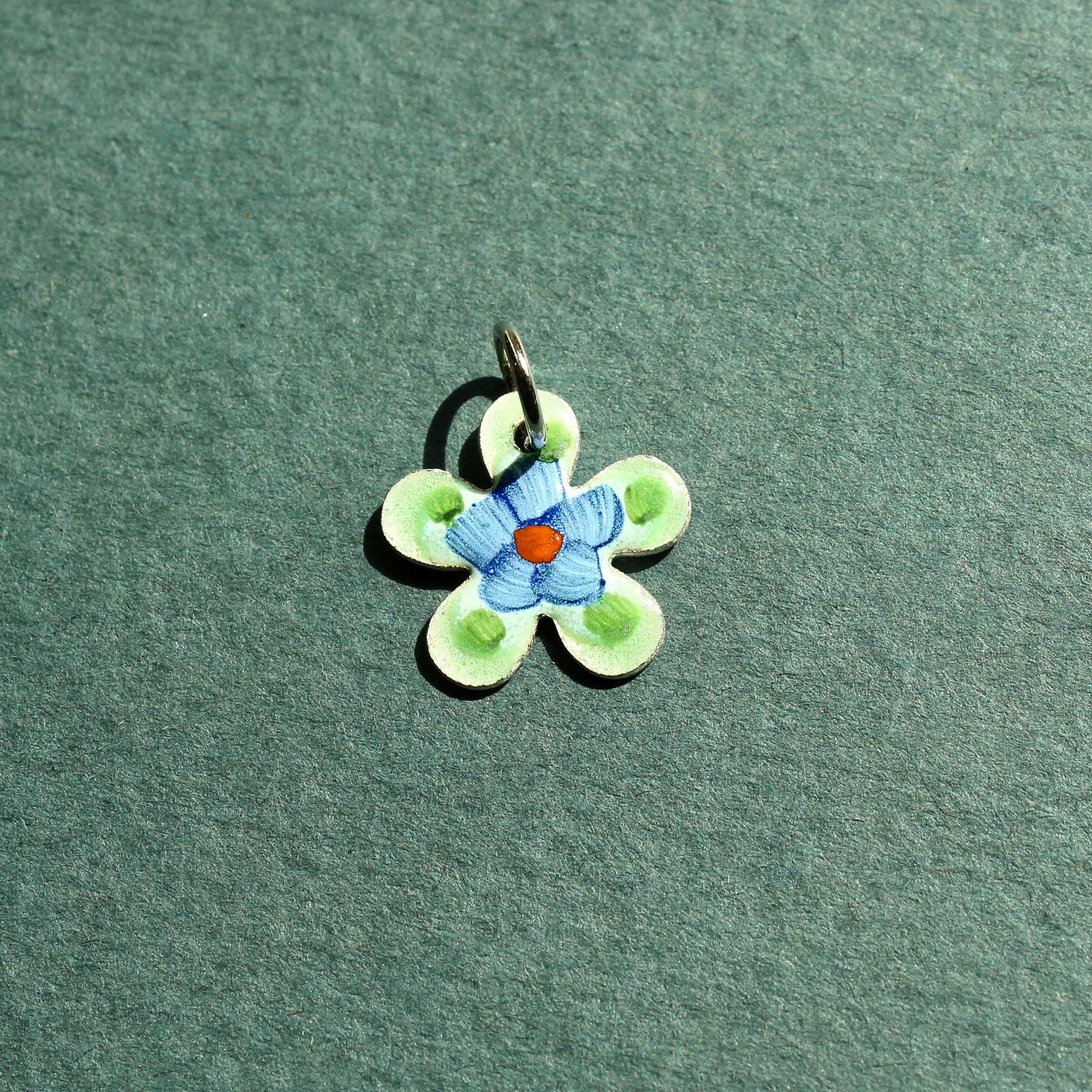 Vintage Guilloche Green and Blue Flower Hand Painted Charm - Vintage Enamel Charm - Vintage Floral Enamel Guilloche Charm
